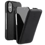 Melkco Para Iphone 16 Plus Magnetic Case Vertical Flip Cuero de Vaca Genuina+pc Shock -a Prueba de Golpes - Negro