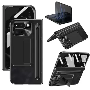 Para Google Pixel Fold 2 Case Kickstand Leather+PC Cover Con Película de Vidrio Templado y Lápiz - Negro