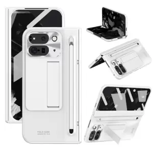 Para Google Pixel Fold 2 Case Kickstand Bishand PC Cover Con Película de Vidrio Templado, Stylus - Blanco