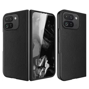 Para Google Pixel Fold 2 Case Litchi Texture Leather+PC Telep Cubierta Con Película de Vidrio Templado - Negro