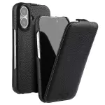 Melkco Para Iphone 16 Case Magnética Flip Vertical Flip Cuero de Vaca Genuina+pc Shock a Prueba de Golpes - Negro