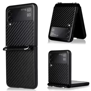 Textura de Fibra de Carbono Diseño de Una Pieza Case de Teléfonos Con Cordón de Cuero PU Con Cordón Para Samsung Galaxy Z Flip3 5G - Negro
