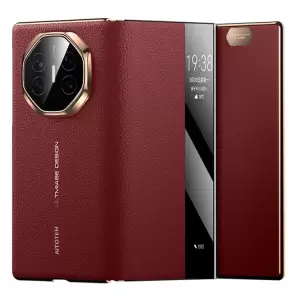 Para Huawei Mate XT Ultimate Case View Ventana de Cuero de Vaca Genuina+pc Electroplatando la Cubierta Del Teléfono - Oro+rojo