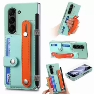 Para Samsung Galaxy Z Fold6 5G Case Wallstand Kickstand de Cuero+pc Telep Whel Con Película de Pantalla - Verde Claro