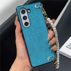 Para Samsung Galaxy Z Fold6 Case de 5 g de Cuero de Hilo de Seda+cubierta de Teléfono de pc Con Correa de Muñeca - Azul